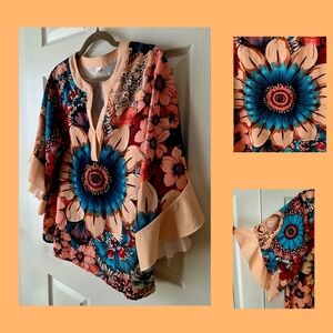 New Sunflower Print Boho Blouse